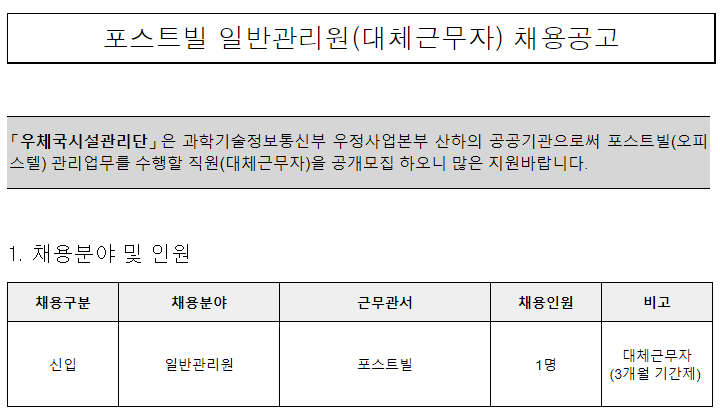  [채용][우체국시설관리단] 포스트빌 일반관리원(대체근무자) 채용공고