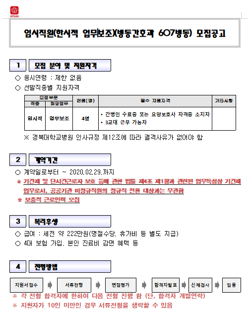 [채용][경북대학교병원] 임시직원(한시적 업무보조)(병동간호과 607병동) 모집공고