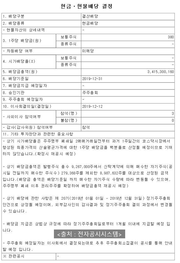  세틀뱅크 현금배당 공시