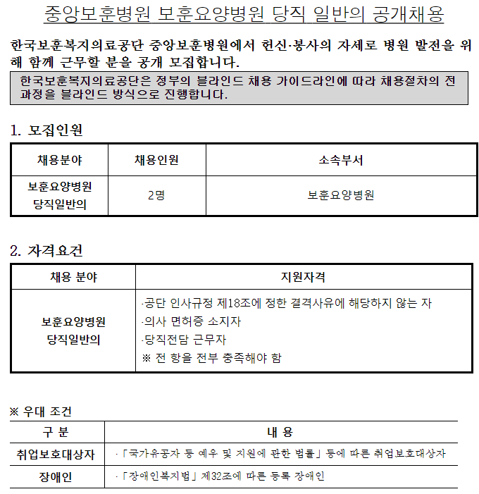  [채용][한국보훈복지의료공단] [중앙보훈병원] 보훈요양병원 당직 일반의 채용 공고