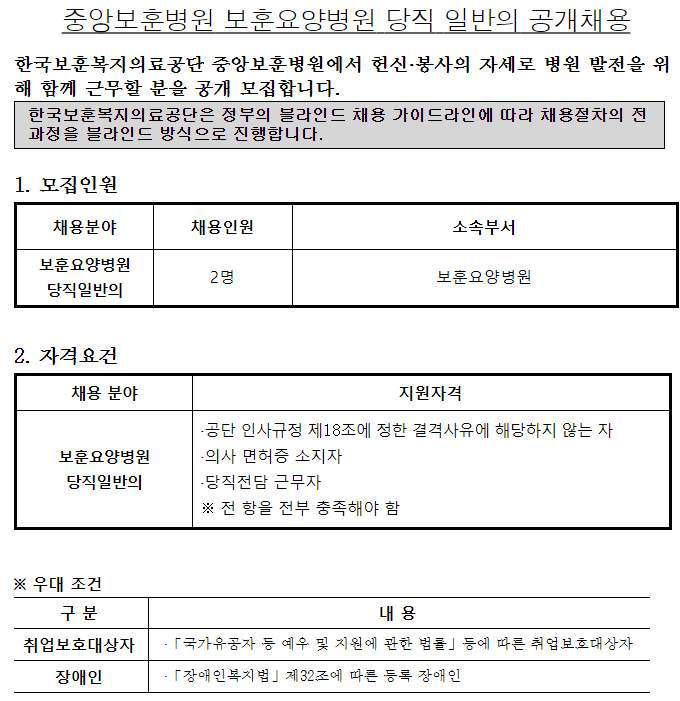 [채용][한국보훈복지의료공단] [중앙보훈병원] 보훈요양병원 당직 일반의 채용 공고