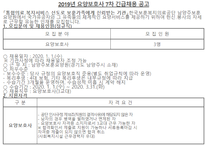 [채용][한국보훈복지의료공단] [남양주보훈요양원] 2019년 요양보호사 7차 긴급채용 공고