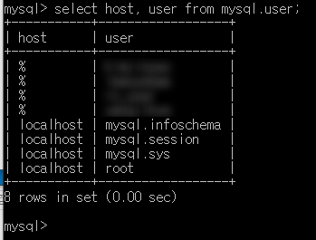  MySQL 계정 생성, 계정 확인, 계정 모든권한부여, 계정 권한 확인
