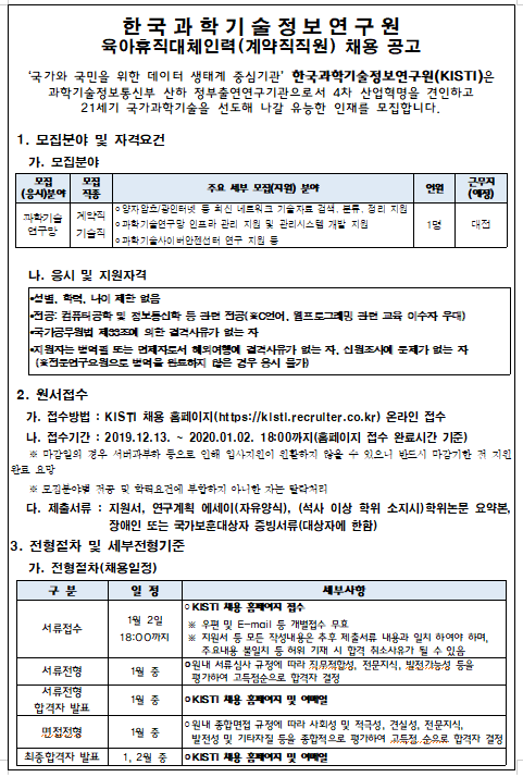 [채용][한국과학기술정보연구원] 과학기술연구망센터 육아휴직대체인력(계약직직원) 채용 2차 공고