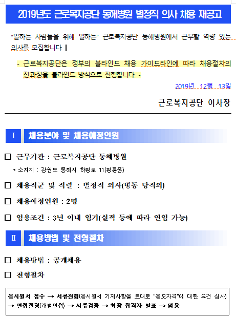  [채용][근로복지공단] [동해병원] 별정직 의사(병동당직 전담의) 신규채용 재공고