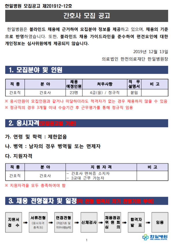 [채용][의료법인 한전의료재단 한일병원] 간호사 모집