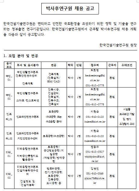  [채용][한국건설기술연구원] 연수직(박사후연구원) 채용 공고