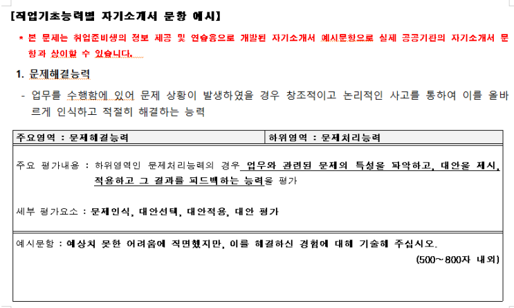  [서식자료][NCS] 블라인드 채용 자기소개서 예시 문항 (10개 직업기초능력)