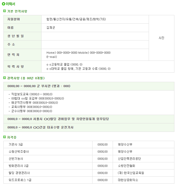  [서식자료][제대군인지원센터] 해군 부사관 이력서 샘플 (함정/통신전자/유통/건축/금융/제조/화학/기타)