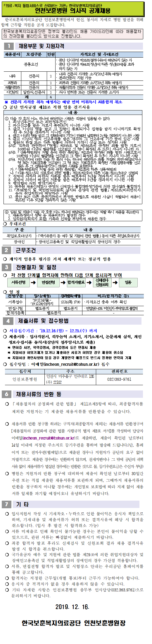 [채용][한국보훈복지의료공단] [인천보훈병원] 의사직 공개채용 공고