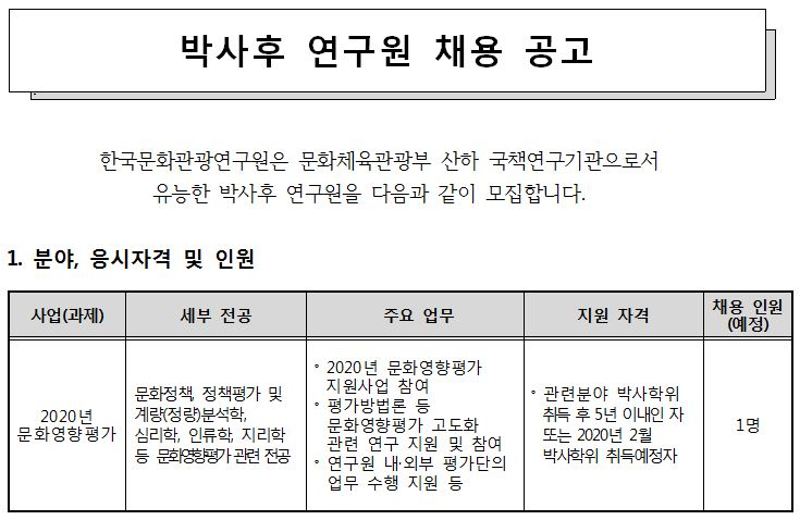 [채용][한국문화관광연구원] '2020년 문화영향평가 사업' 박사후 연구원 채용 공고