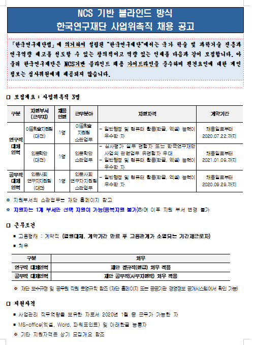  [채용][한국연구재단] 2019년 제13차 사업위촉직(결원대체 인력) 채용 공고