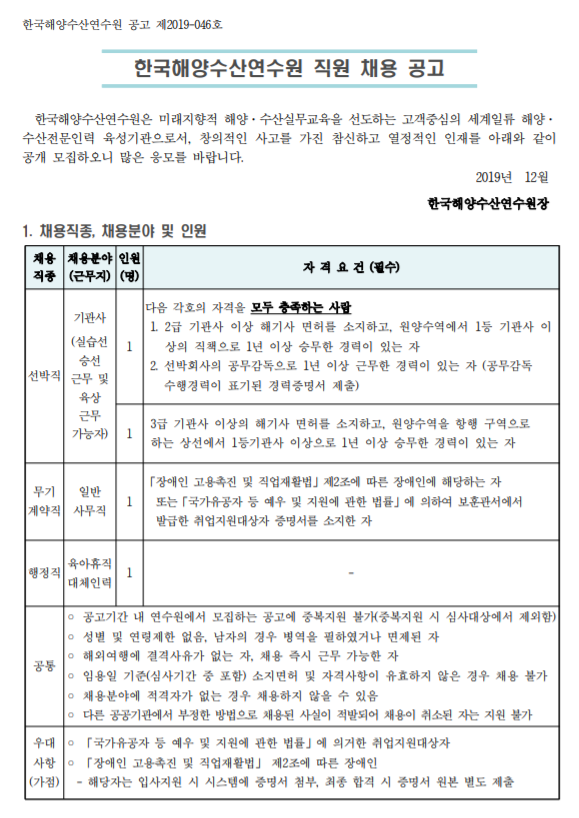  [채용][한국해양수산연수원] 직원 채용 공고