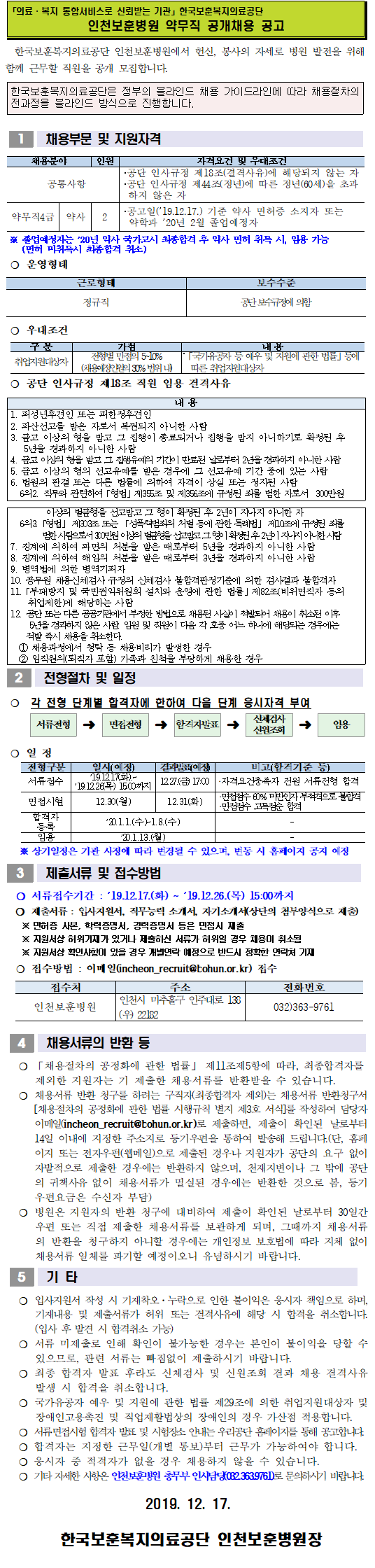 [채용][한국보훈복지의료공단] [인천보훈병원] 약무직 공개채용 공고