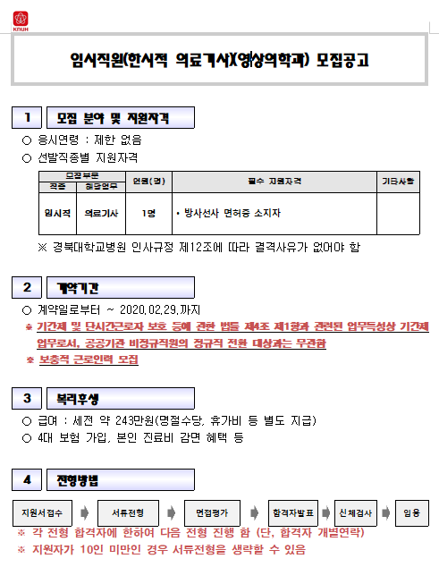  [채용][경북대학교병원] 임시직원(한시적 의료기사)(영상의학과) 모집공고