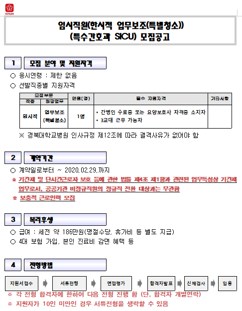  [채용][경북대학교병원] 임시직원(한시적 업무보조(특별청소))(특수간호과 SICU) 모집공고