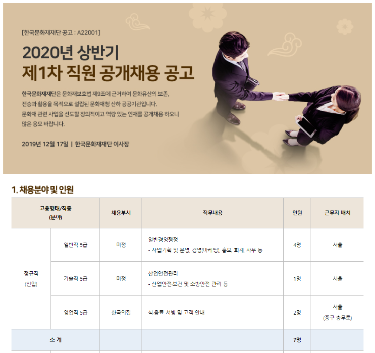 [채용][한국문화재재단] 2020년 상반기 제1차 직원 공개채용 공고