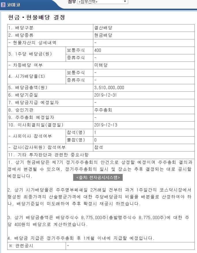 코미코 현금배당 공시