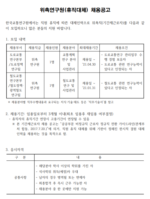  [채용][한국교통연구원] 위촉연구원(휴직대체) 채용공고(교통계획연구 분야 및 사업관리, 철도교통연구 및 사업관리)