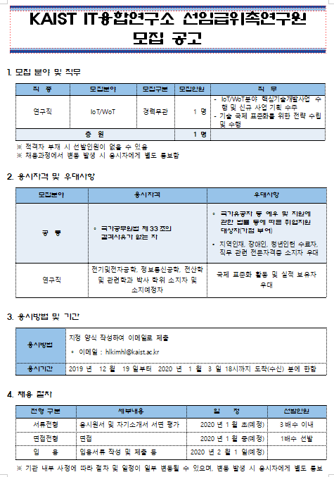  [채용][한국과학기술원] KAIST IT융합연구소 선임급위촉연구원 모집 공고