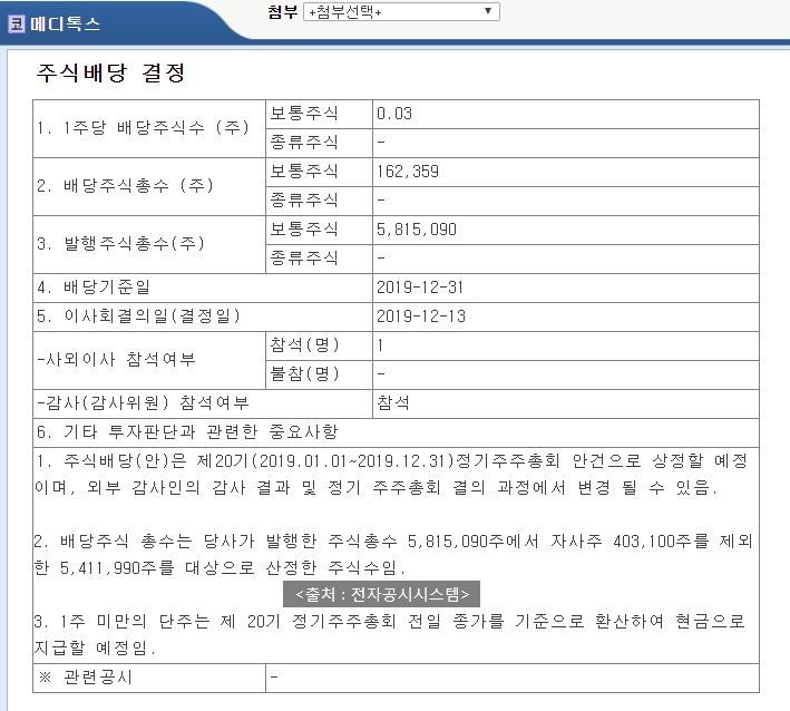  메디톡스 주식배당 공시