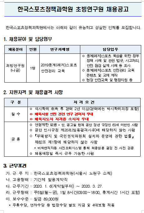  [채용][서울올림픽기념국민체육진흥공단] 한국스포츠정책과학원 초빙연구원 채용공고