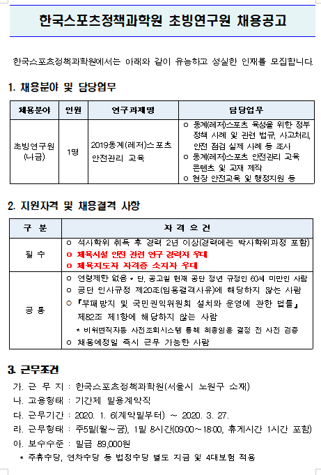 [채용][서울올림픽기념국민체육진흥공단] 한국스포츠정책과학원 초빙연구원 채용공고