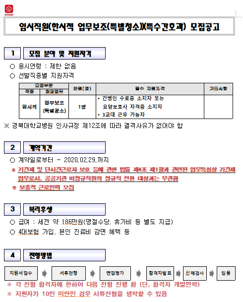  [채용][경북대학교병원] 임시직원(한시적 업무보조(특별청소))(특수간호과) 모집공고