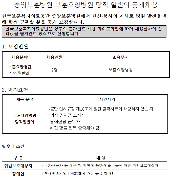  [채용][한국보훈복지의료공단] [중앙보훈병원] 보훈요양병원 당직 일반의 채용 공고