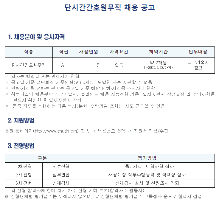  [채용][서울대학교치과병원] 단시간간호원무직 채용공고