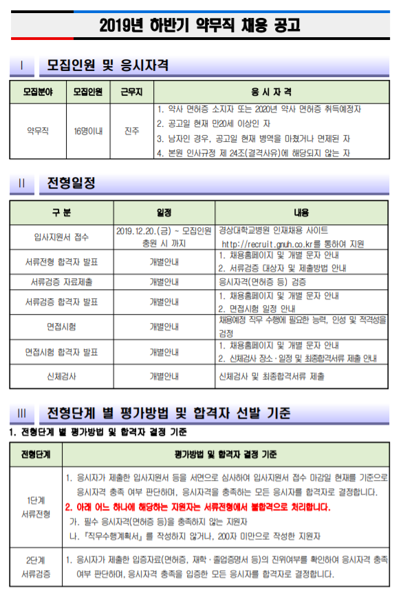  [채용][경상대학교병원] 약무직(면허소지자 및 2020년 면허취득예정자) 채용 공고