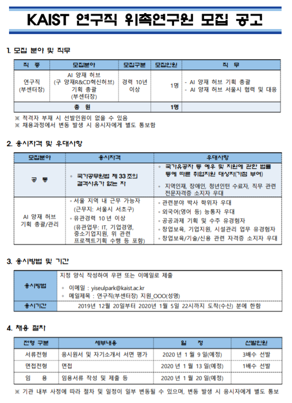  [채용][한국과학기술원] KAIST 지역협력센터 위촉연구원(부센터장) 채용 공고