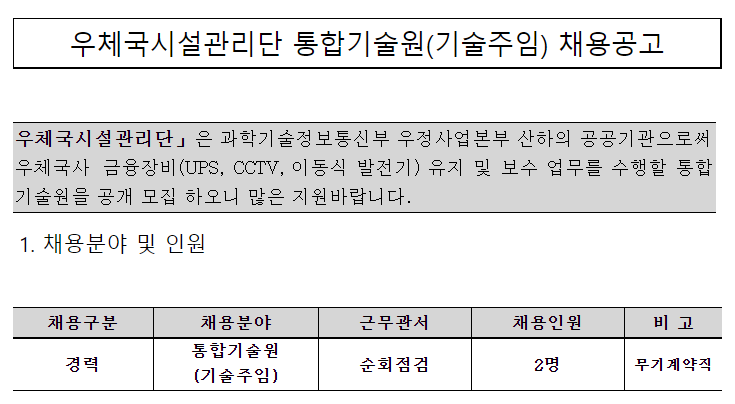 [채용][우체국시설관리단] 순회점검 통합기술원(기술주임)채용공고