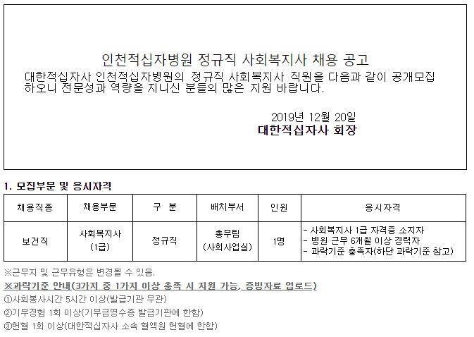 [채용][대한적십자사] 인천적십자병원 정규직 사회복지사 채용 공고