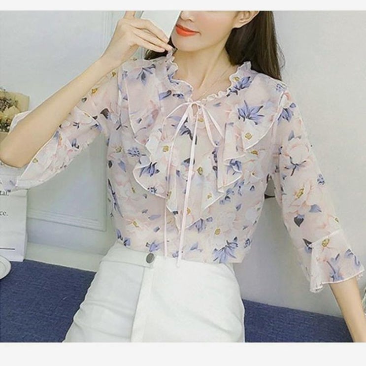  꽃 쉬폰 블라우스 시스루 셔츠 프릴 데일리옷 데이트 (19,200원)