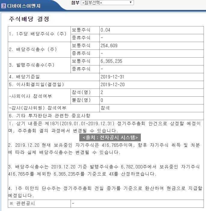 디바이스이엔지 배당공시
