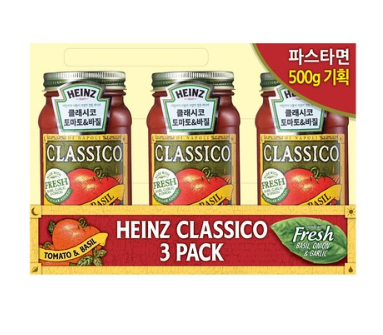  최저가 내일배송  하인즈 클래시코 토마토바질 파스타 소스 680g x 3p + 파스타면 500g   [10,380원]