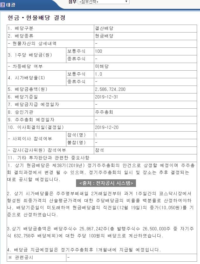  태광 배당공시