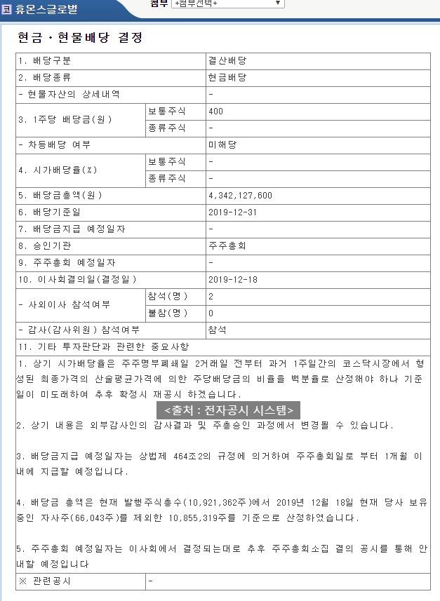  휴온스글로벌 배당공시
