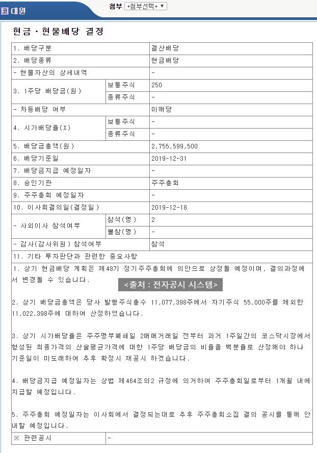  대원 배당공시