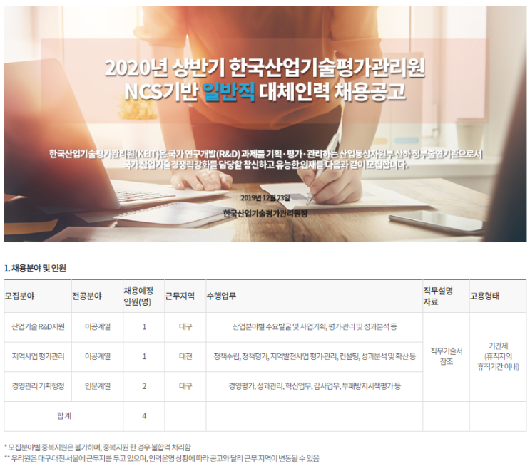 [채용][한국산업기술평가관리원] 2020년 상반기 NCS기반 일반직 대체인력 채용공고