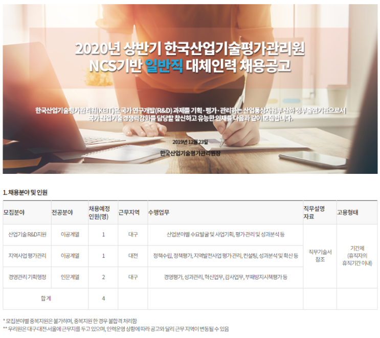  [채용][한국산업기술평가관리원] 2020년 상반기 NCS기반 일반직 대체인력 채용공고