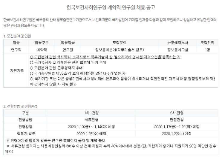  [채용][한국보건사회연구원] 계약직 연구원 채용 공고(정보통계연구실)