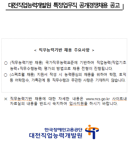  [채용][한국장애인고용공단] [대전직업능력개발원] 특정업무직(사감) 채용 공고