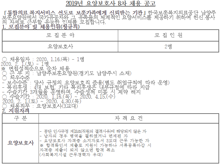  [채용][한국보훈복지의료공단] [남양주보훈요양원] 2019년 요양보호사 8차 채용 공고