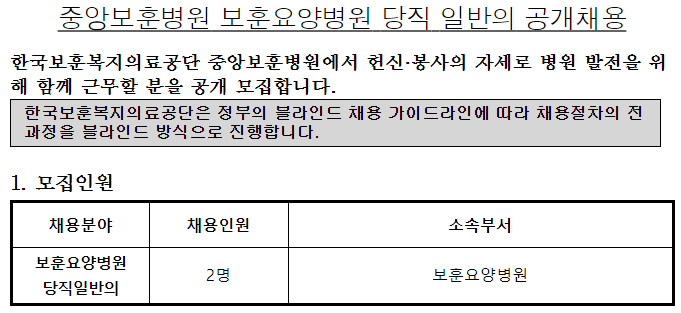  [채용][한국보훈복지의료공단] [중앙보훈병원] 보훈요양병원 당직 일반의 채용 공고