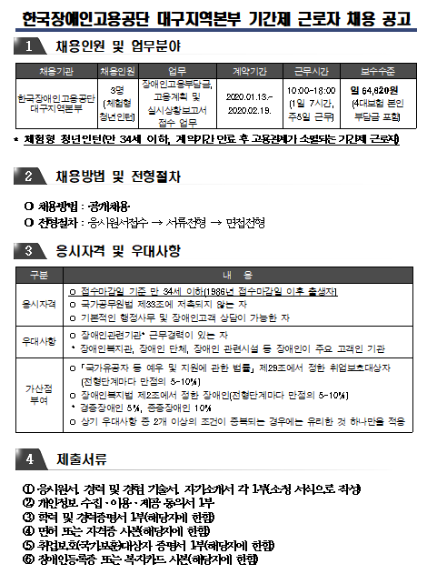  [채용][한국장애인고용공단] 대구지역본부 청년인턴(체험형) 채용공고