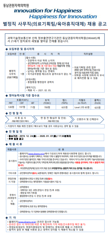  [채용][동남권원자력의학원] 별정직 사무직(의료기획팀/육아휴직대체) 채용 재공고