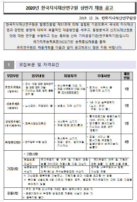 [채용][한국지식재산연구원] 2020년 상반기 채용공고