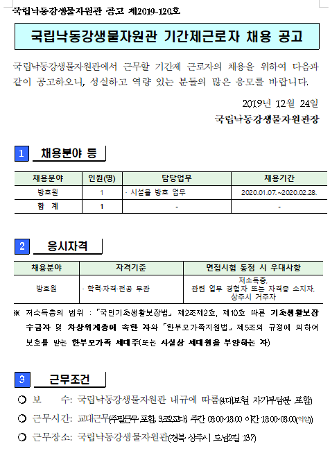 [채용][국립낙동강생물자원관] 기간제근로자(방호) 채용공고